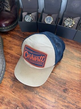 Carhartt Two-Tone Trucker Cap - Khaki and Navy with Orange Patch